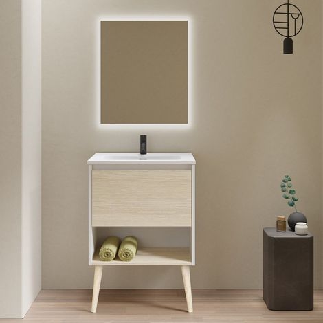 Meuble salle de bain simple vasque NARA chêne clair et blanc 60 cm Miroir non inclus (1/5)
