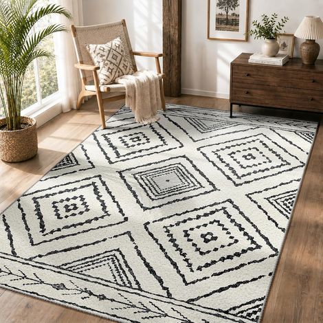 JSSEVN - Maschinenwaschbarer Wohnzimmerteppich 120 x 180 cm, rutschfest, marokkanischer Stil, für Wohnzimmer, Flur, Schlafzimmer und Küche, Schwarz-Weiß (1/5)