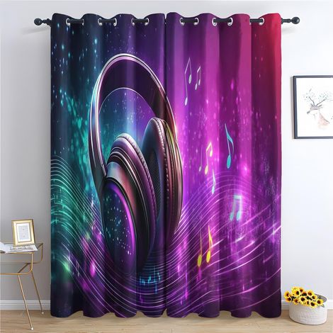 Rideau Occultant Musique - Décoration Musique, Rideau Thermique Motif Casque Audio Coloré, Lot de 2 Rideaux Opaque à Oeillets pour Fenetre Chambre Salon, 140x160 cm (LxH) Q429 - 2x L 140 X H 160 cm (1/5)