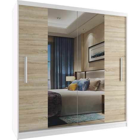 BELINI Grande Armoire 2 Portes Coulissantes VERONA ME 158 cm - Miroir Intégré & Tringle - Chambre Adulte - Blanc / Chêne Sonoma (1/5)