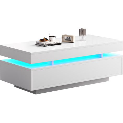 ELVMI Table Basse avec 2 Tiroirs et Éclairage LED, Surface Blanche Brillante, pour Salon, en Panneau de Particules (1/5)