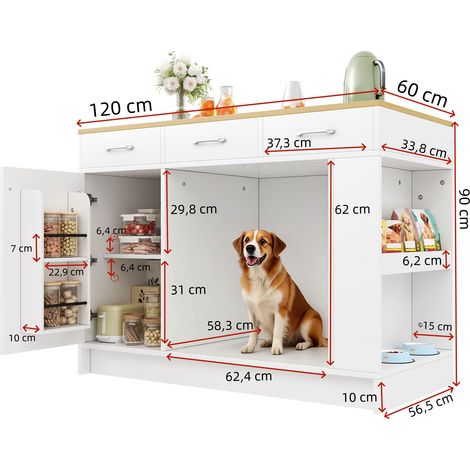 Îlot de cuisine, meuble à 3 tiroirs, étagère à épices, tablette réglable, double rangement (sans gamelle), espace spacieux pour animaux (sans coussin), 120x60x90 cm, blanc (1/5)