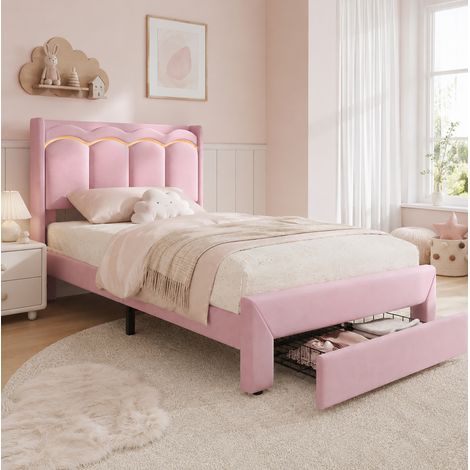 MODFU – Cama infantil 90x200 cm de terciopelo con LED por app, cajón, estante, cabecero ondulado y carga 220 kg – Rosa (1/5)