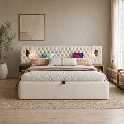 DESMIU Lit coffre 2 places avec 2 chevets, USB, Type-C et lampes de lecture 180 × 200 cm, sans matelas (1/5)
