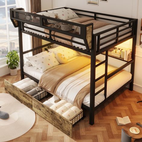 DESMIU Lit superposé 140 × 200 cm 2 places avec étagère, panier, 2 tiroirs et LED, sans matelas, noir (1/5)