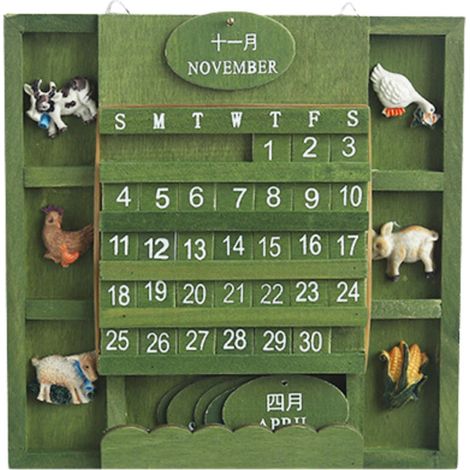 Pädagogischer Wandkalender aus Holz für Kinder – Grüne Ausführung, 21 x 21 cm, inklusive Befestigungsmaterial