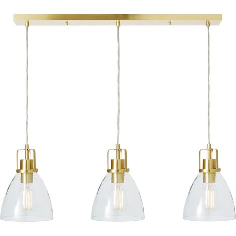 Litecraft Indy Ceiling Diner Pendant Clear Glass Shaded 3 Light - Satin Brass