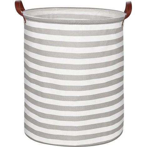 Panier à linge pliable 63L, gris rayé, avec anse. Tissu imperméable, idéal pour enfants. Organise la chambre. - Gris - Gris (1/5)