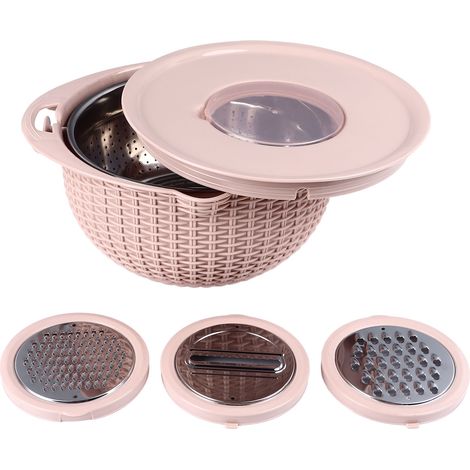 Scolapasta 4 in 1 con utensili da taglio, scolapasta girevole, 2 livelli, acciaio inox, manico ergonomico, versatile per lavare le verdure, rosa. (1/5)