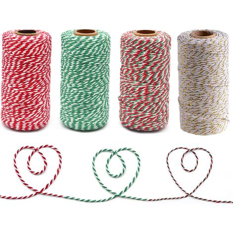 Cotton Twine - 2 mm Diameter - 10 Ply - 328 Feet Per Spool - Natural Green Red White Color Assortment - Pack of 4