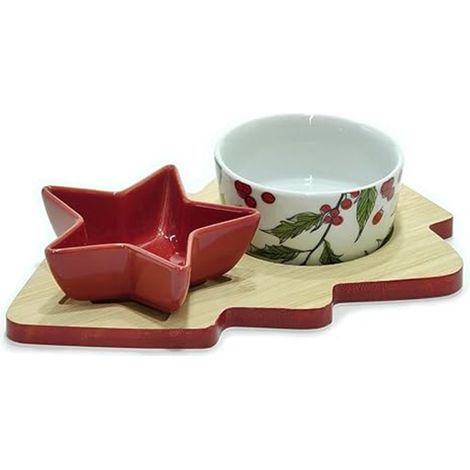 TRADE SHOP - Antipastiera 2 Posti Con Ciotole In Ceramica Base In Bambù Albero Di Natale Idea Regalo -