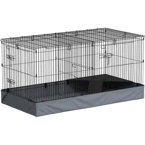 Cage deux-en-un pour petits animaux avec couvercle supérieur amovible, cage à lapin divisée en deux zones séparées avec rampes, mesurant 121 x 61 x 61 cm, en acier noir. (1/5)