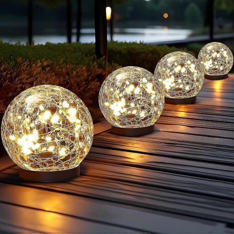 Globes solaires d'extérieur étanches - Globes solaires pour jardin - Boules de verre craquelé - Décorations extérieures pour terrasse - Blanc chaud (1/5)