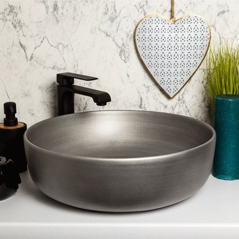 Lavabo da appoggio rotondo in ceramica SILVER grigio metallo spazzolato.