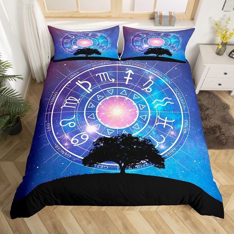 Parure de Lit 220x240 Adulte Garçon Fille Housse de Couette 12 Horoscope Astrologie Galaxie, Couvre Lit Thème Constellation, Sets de Housses de Couettes Soleil et Lune Ciel Étoilé (1/5)