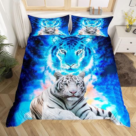 Tigre imprimé Housse de Couette thème de la faune Parure de Lit bleu Galaxy literie set Enfants Adultes Animaux Sauvages Safari chat imprimé Housse de Couette 220x240cm doux décoration de chambre (1/5)