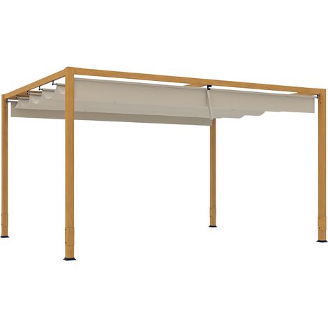 Aluminium-Pergola in Holzoptik, 4x3m, einziehbares Dach, Rollo, Terrassenüberdachung, solide Konstruktion, witterungsbeständig, Gartenschatten, Patio, bioklimatische Pergola, einfache Montage, modern.