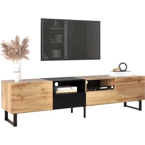 Mueble TV moderno en negro y madera, con 2 puertas, 2 cajones y gran espacio de almacenaje, 190 x 38 x 48 cm, para salón y equipos multimedia CHICFURN (1/5)