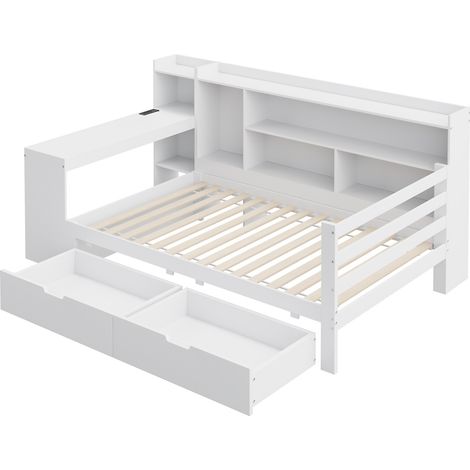 Cama multifunción 90 x 200 cm de madera blanca con escritorio, estantes y 2 cajones (1/5)