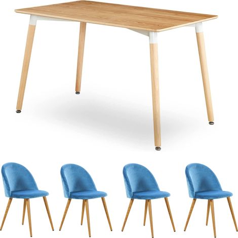 Halo Lucia Dining Set - an Oak Wooden Dining Table and Set of 4 Blue Velvet Dining Chairs - Dining Room Kitchen (1/5)