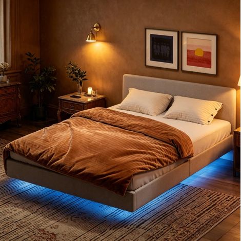Struttura letto 140x190 cm con LED, beige DESVIAE (1/5)