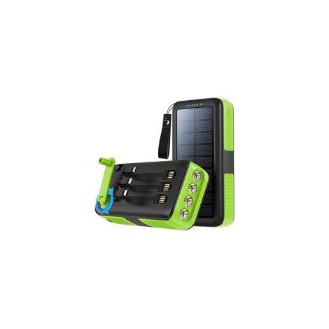 Batería externa solar compacta con cable de manivela integrado, batería externa de emergencia impermeable con linterna LED, batería externa multifuncional, 1 unidad, verde, 10000 mA