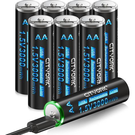 Lot de 8 piles rechargeables USB-C AA au lithium 1,5 V 3000 mWh avec câble de charge USB 4 en 1 (1/5)