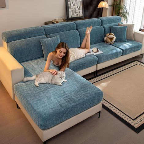 Stretch Sofa Cushion Cover, Universal Chenille Full Protection Sofa Seat Cover, Non-Slip Furniture Protector Sofa Cover (Blue, Headrest) (1/5)