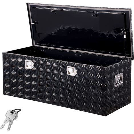 VEVOR Boite a outils pour camion en aluminium, 1219,2x495,3x444,5 mm, coffre de benne de pick-up verrouillage, plaque a rayures, avec poignees laterales et serrures, pour remorque camping-car, noir