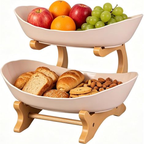 Corbeille à fruits en bambou : étagère de rangement ovale rose à 2 niveaux pour plan de travail (sans BPA, empilable) — Gain de place, démontable idéale pour ranger fruits, légumes et en-cas dans la (1/5)
