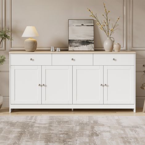 Buffet en bois blanc avec trois tiroirs et quatre portes 160 x 37 x 75 cm Meubles de rangement pour salon salle à manger et cuisine (1/5)