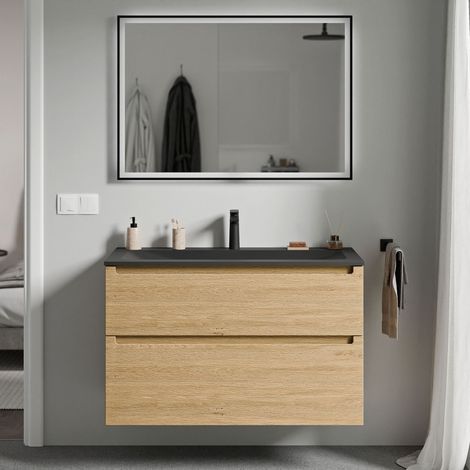 BERNSTEIN - Mobile lavabo sospeso MDF rovere miele, lavello Ghisa nero opaco + foro rubinetto, cassetti girevoli - 80x46x62cm - VIREO	Rovere Miele Oro, Nero opaco con foro rubinetto