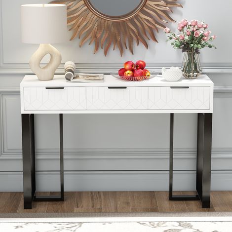 Table console moderne avec tiroirs,cadre doré,coussinets ajustables et poignées élégantes (blanc+noir)