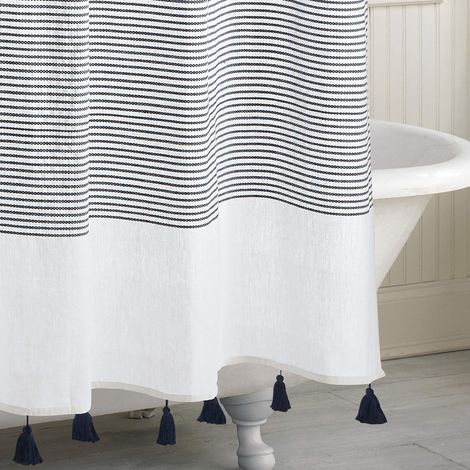 Rideau de Douche 100% Coton avec Pompons pour décoration de Salle de Bain, Style bohème et Rustique à Rayures Panama, 183 x 183 cm, Bleu Marine (1/4)