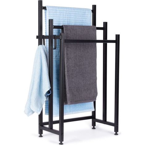 1 Porte-serviettes sur pied, 3 barres, métal noir, avec étagère, pour salle de bains