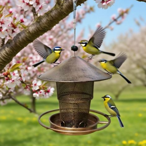 Hängender Vogelfutterspender aus Metall zur Fütterung von Wildvögeln im Garten