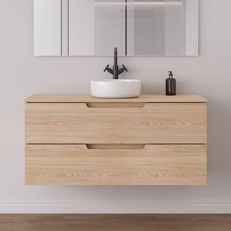 Meuble de salle de bain 120cm avec plateau et vasque à poser ronde - 2 tiroirs - sans miroir - roble era (chêne clair) - SONRIZA (1/5)