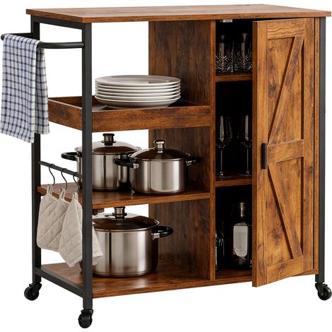Relaxdays Servierwagen mit Schrank, 4 Etagen, HBT 85x80x37 cm, Industrial, Küchenwagen mit Rollen & Haken, schwarz/braun
