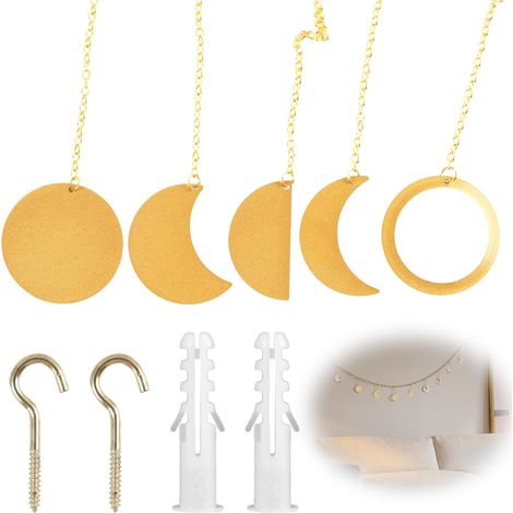 Guirlande Décorative Phases de Lune en Métal Doré - Décoration Murale Bohème pour Salon, Chambre, Bureau - pour Appartements, Dormoirs, Crèches - Art Mural avec Chaîne de Suspension (1/5)