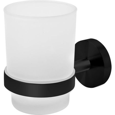 Soporte de pared para cepillos de dientes con vaso de cristal esmerilado, negro mate, dimensiones 10 x 6,8 x 9,5 cm, para baño. (1/5)