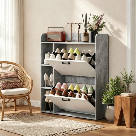 Mobile portascarpe 83x24x90,5 cm in legno grigio e bianco salvaspazio FloraGrace (1/5)