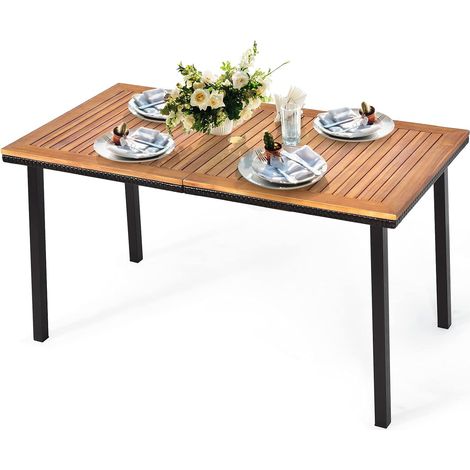 COSTWAY Mesa de Jardín Mesa de Exterior con Agujero para Sombrilla Mesa de Madera y Marco de Metal para Terraza Patio Jardín 140x75x76cm