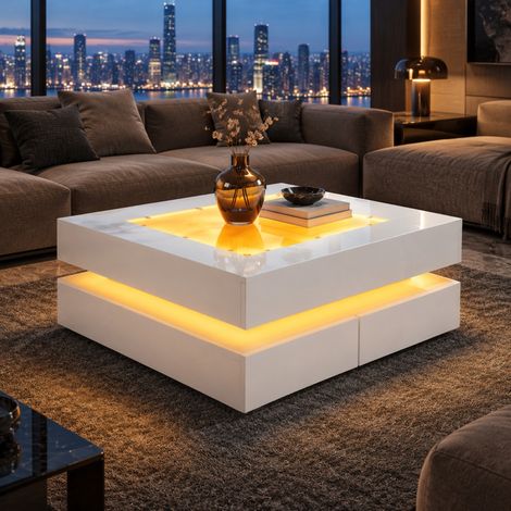 Couchtisch 70 x 70 x 35 cm mit Glasplatte, 3 Schubladen, LED, weiß HAVRYA (1/5)