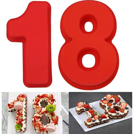 Moule à chiffre en silicone, lot de 2 pièces, 25,4 cm, numéro 18, rouge, pour gâteau d’anniversaire, mariage, DIY, pain, mousse, pâtisserie personnalisée. (1/5)