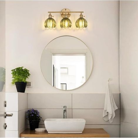 Applique murale 3 lumières dorée pour salle de bain avec abat-jour vert, Luminaire pour miroir, blanc chaud