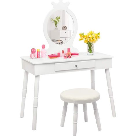 COSTWAY Tocador de Maquillaje con Taburete y Espejo para Niña de Madera 70x34x100 centímetros Mesa de Belleza con Cajón (1/5)