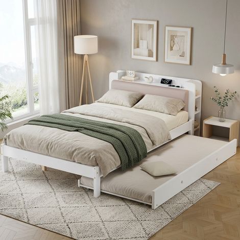 Lit fonctionnel blanc 120x200 cm avec lit gigogne 90x190 cm, lit en bois avec tête de lit capitonnée, étagère intégrée, station de recharge et espace de rangement ouvert, lit d'appoint gain de place (1/4)