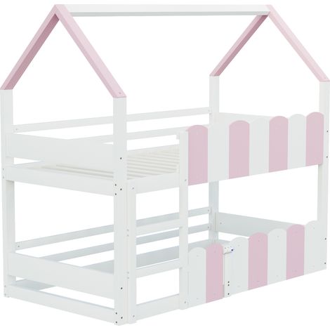 Letto a castello per bambini 90 x 200 cm design casetta con scala, rosa e bianco (1/5)