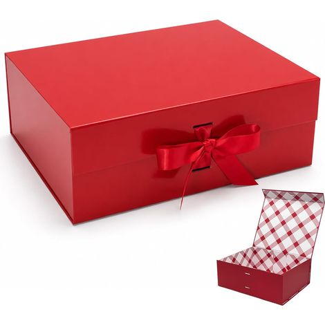 Grand Boîte Cadeau Rouge 33.5x27x12.5 cm, Boîte Cadeau Haut de Gamme avec Couvercle Magnétique et Ruban pour Emballage Cadeau de Vacances, Mariage, Anniversaire, Doublure à Carreaux (1/5)