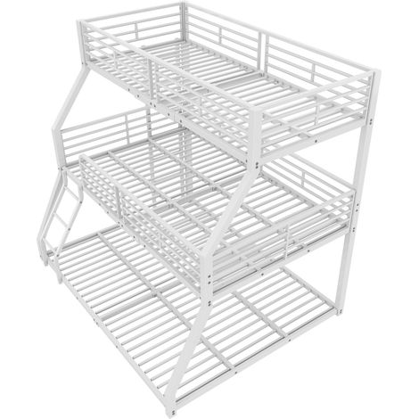 Etagenbett 90×200 cm, 3 Schlafplätze mit 2 Leitern und Hohen Schutzgittern, ohne Matratze, Metall, Weiß (1/5)